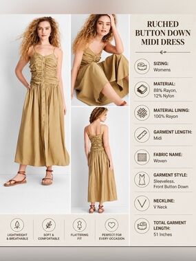 NWT~ Future Collective Ruched Midi Khaki Tank Dress Woven Button Maxi Size M